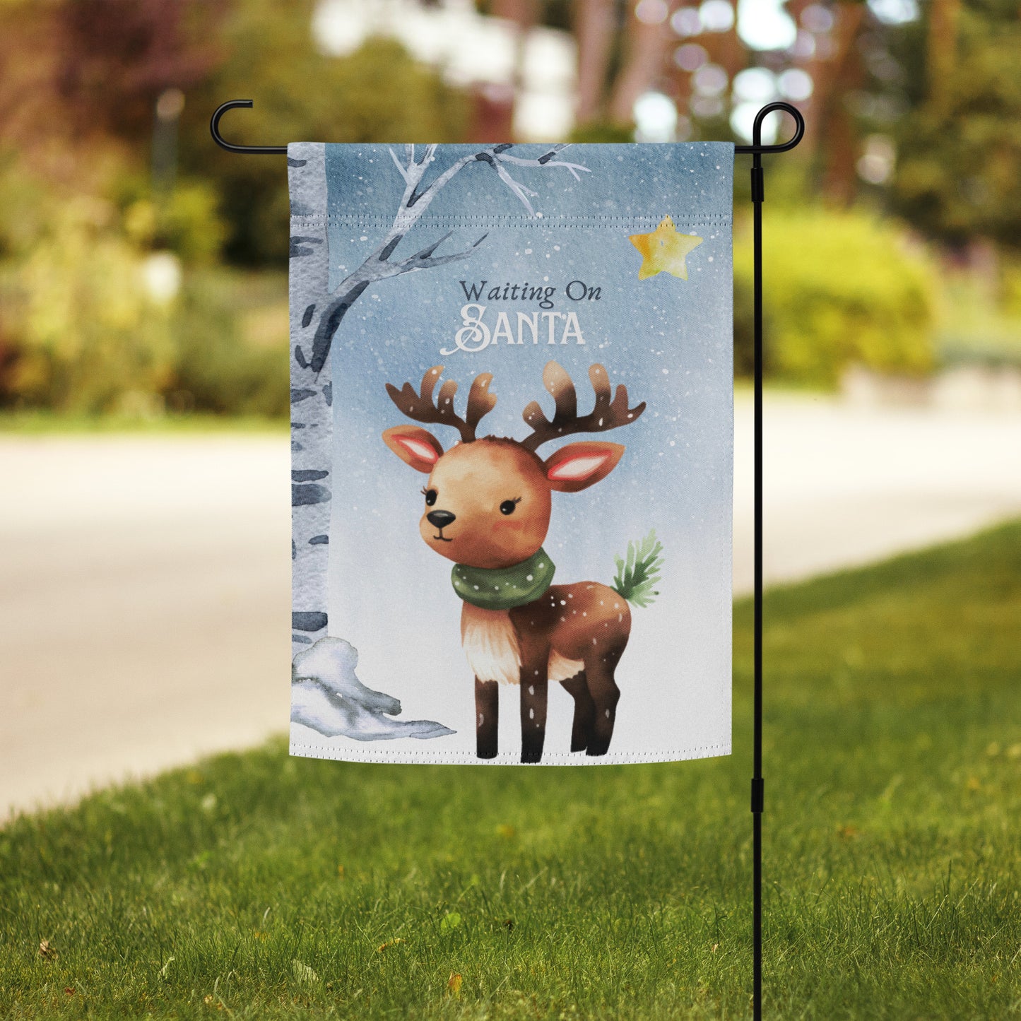 Snowy Reindeer Christmas Garden Flag – Waiting on Santa